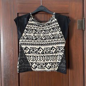 Black and Beige Tribal Print Boxy Tee with Mesh Panels and Cap Sleeves